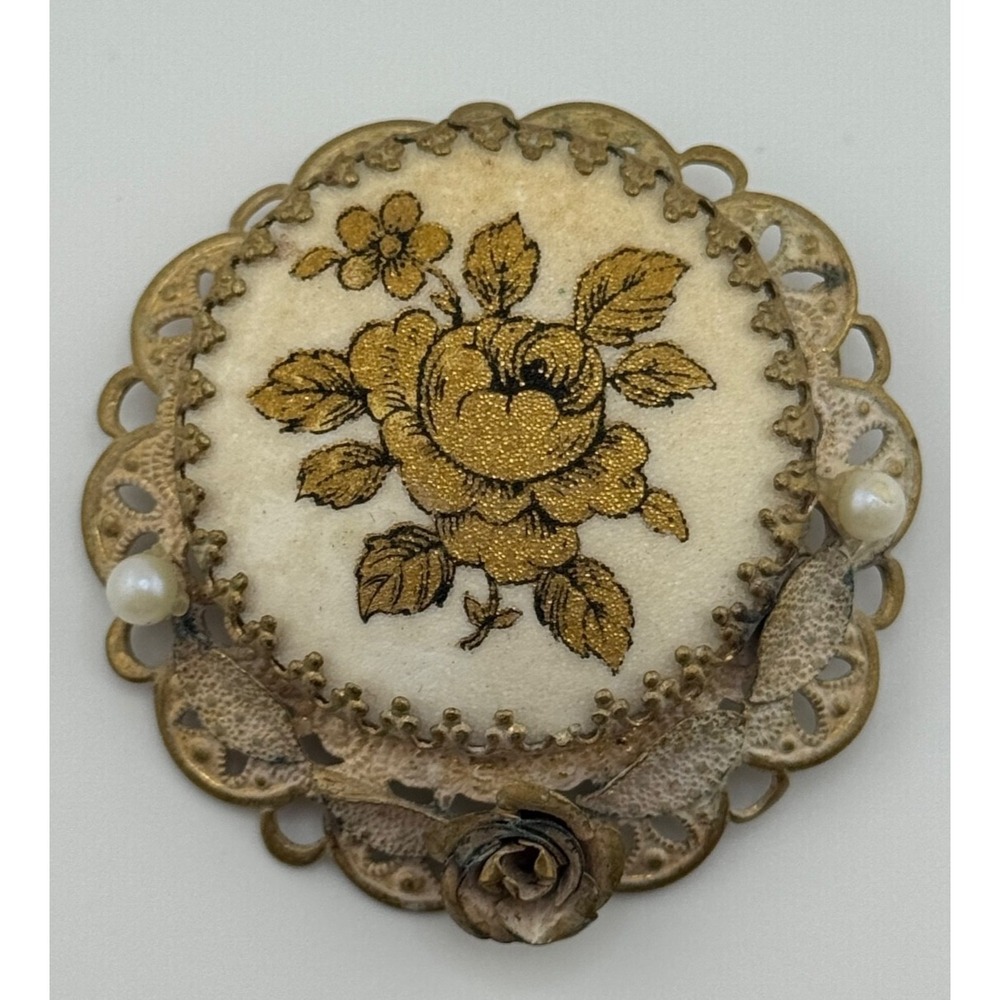 Vintage West Germany Sugared Rose Flower Faux Pearl Brooch